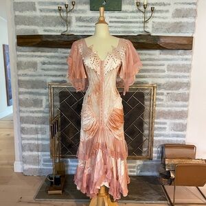 Elegant Vintage French Pink Ruffled studded satin lace and velvet Dress